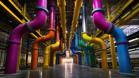 Industrial cooling system pipes running through a modern facility, painted in vibrant safety colors and labeled for efficiencyの素材