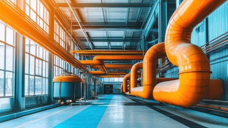 Industrial cooling system pipes running through a modern facility, painted in vibrant safety colors and labeled for efficiencyの素材