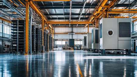 Large-scale industrial chiller system in a warehouse, piping networks and cooling coils visibleの素材