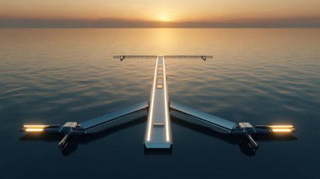Long pier extending into calm sea under vibrant sunset sky, beach glowing in warm lightの素材