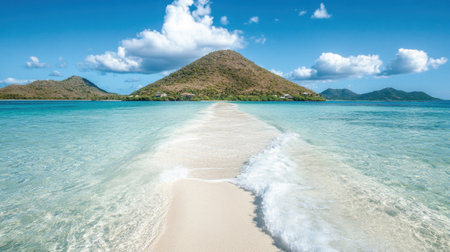 Island sandbar stretching into turquoise water with soft waves on both sidesの素材