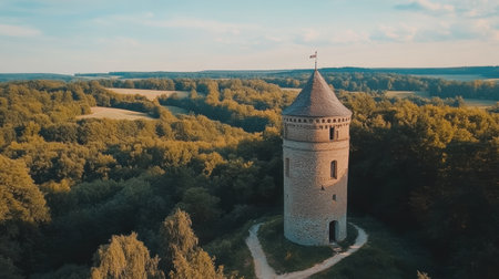 Isolated lookout tower on cliff edge with winding trail leading up and scenic panorama beyondの素材