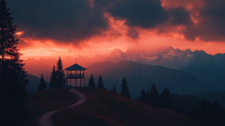 Isolated lookout tower on cliff edge with winding trail leading up and scenic panorama beyondの素材