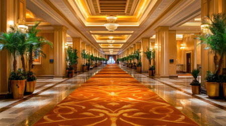 Luxury hotel hallway with concealed ceiling air conditioning vents and ambient lightingの素材