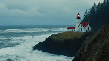 Isolated lighthouse on cliffside overlooking rough ocean waves with dramatic lightingの素材