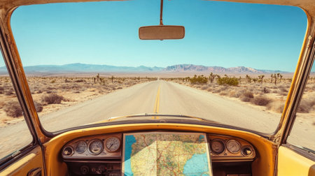 Isolated desert highway with vintage car and open map on dashboard under blue skyの素材