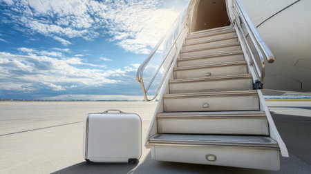Luxury suitcase beside private jet stairs on airport tarmacの素材
