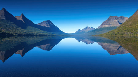 Majestic mountain range reflecting in calm alpine lake under bright blue sky, pristine wildernessの素材