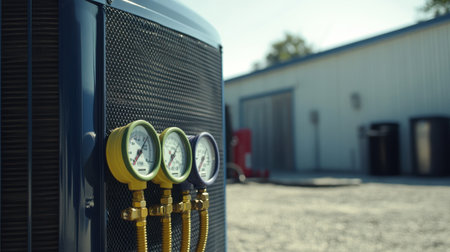 Manifold gauge set connected to AC unit, with pressure readings in focusの素材