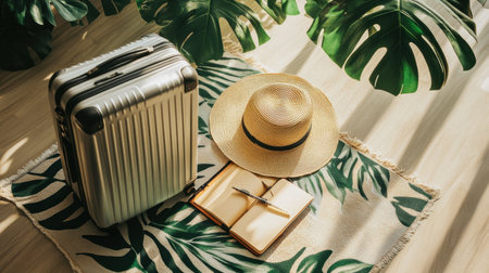 Matching luggage set placed next to stylish sunhat and travel journalの素材
