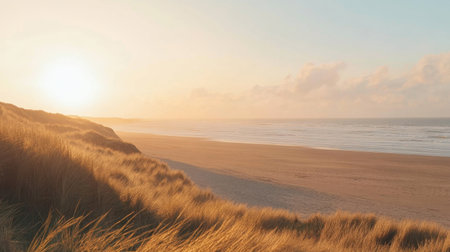 Minimalist coastal image of horizon line dividing calm sea and pale skyの素材