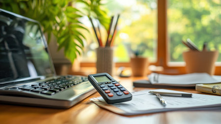 Minimal desk with only an air conditioning remote and pen, focus on clean environmentの素材