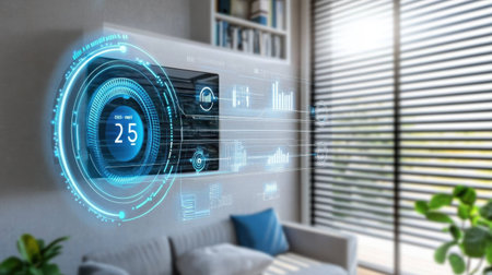 Modern apartment living room showing air conditioner display set to cooling mode, blinds partially drawnの素材
