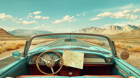 Isolated desert highway with vintage car and open map on dashboard under blue skyの素材