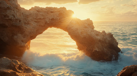 Natural stone arch on coast with waves rolling through and golden sunlight pouring inの素材