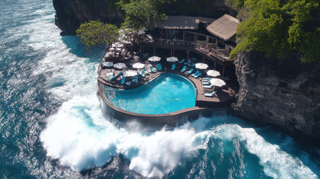 Ocean cliffside resort with dramatic water views from terrace, waves crashing below, luxury calmの素材