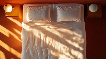 Overhead view of immaculately made hotel bed with decorative runner, pillow symmetry, and clean linens, luxury detailの素材