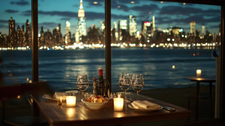 Rooftop hotel restaurant with panoramic city views, candlelit tables, and artistic plating displays, unoccupiedの素材