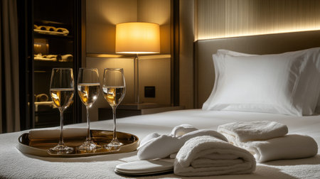 Turndown service in hotel suite with slippers by bed, robe neatly folded, and dim lights creating a warm ambianceの素材