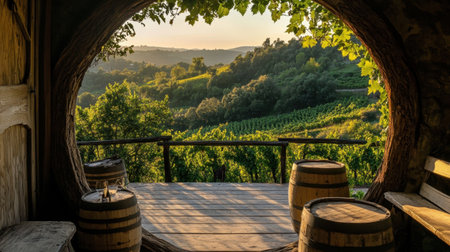 Valley vineyard view through arched balcony doorway of rustic luxury inn, golden tones and peaceの素材