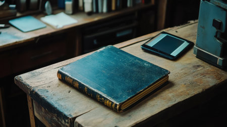 AC service logbook and tablet resting on bench inside technicians workshopの素材