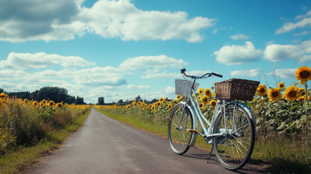 Empty bicycle parked beside rural path lined with sunflowers and open sky aboveの素材