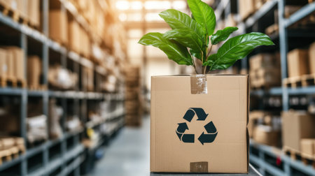 Eco-friendly icon on inverter AC packaging box in warehouse shelfの素材