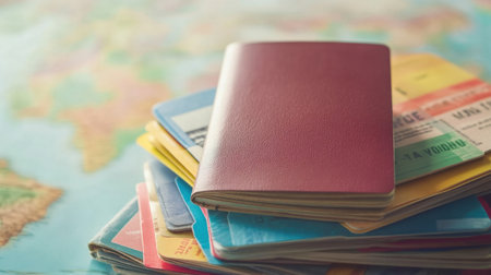 Bright image of passport with colorful travel brochures and tour ticketsの素材