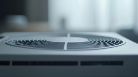 A close-up view of an air conditioner condenser's cooling fins, revealing a clean and efficient unit in bright natural lightingの素材