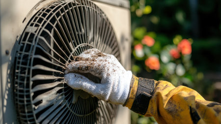 AC unit exterior wiped clean with white cloth showing collected dirt marksの素材