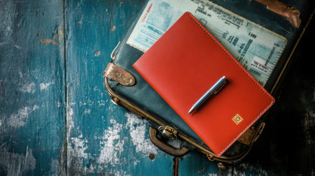 Aerial view of passport placed on suitcase with airline ticket and penの素材