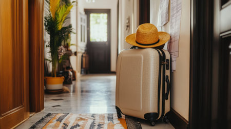 Packed suitcase sitting in hallway with travel checklist taped to wallの素材