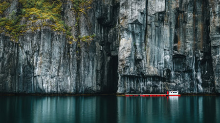 Norwegian fjord landscape with steep cliffs, glassy water, and solitary boat dockの素材