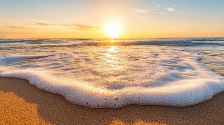 Ocean foam patterns left behind on sand, glowing in golden hour lightの素材