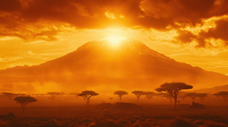 Mount Kilimanjaro seen from Tanzanian plains with acacia trees and golden savannahの素材