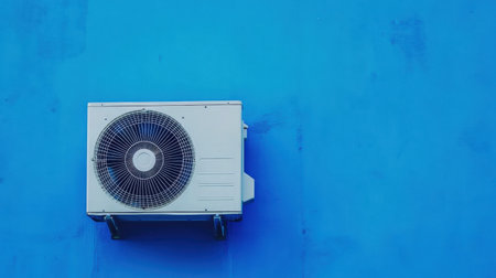Outdoor air conditioner condenser unit mounted on wall, visible fan blade and cooling components working in harmonyの素材