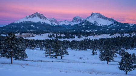 Peaceful sunrise over snow-covered range with soft pink light and fresh snowfallの素材