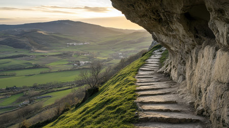 Pathway carved into cliffside overlooking sweeping mountain valleyの素材