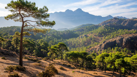 Pine forest on mountain foothills transitioning into rocky alpine heightsの素材