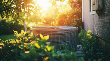 Residential AC condenser unit on a raised platform outside a home, with green plants and sunlight reflecting off its sleek surfaceの素材