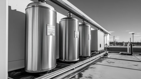 Rooftop view of building with large cylindrical cooling towers aligned in sequenceの素材