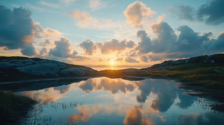 Rocky coastline with tide pools reflecting pastel sky at sunset, tranquil and untouchedの素材