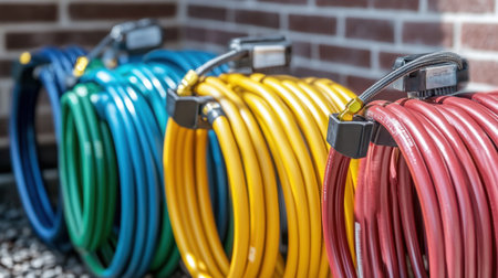 Set of color-coded refrigerant hoses coiled next to air conditioning unit ready for connectionの素材