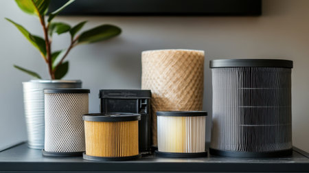 Set of air filters and replacement parts placed neatly next to open HVAC unitの素材