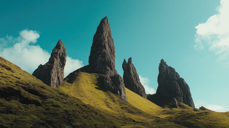 Sharp rock formations jutting out from mountainside with deep blue sky backgroundの素材