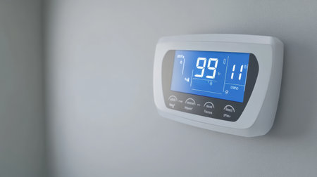 Smart home room interior with digital AC panel on the wall, showing current temperature and modeの素材