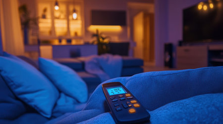 Sleek air conditioner remote with backlit display resting on a sofa armrest in a cozy living roomの素材
