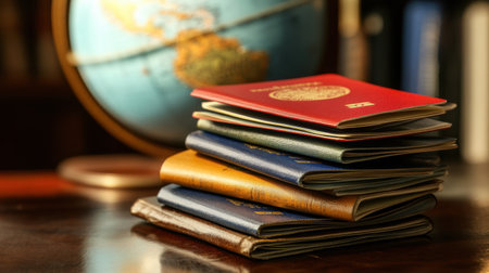 Stack of passports in different languages placed on a desk with a globe in backgroundの素材