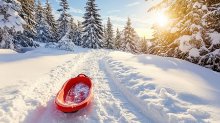 Snow-covered trail leading through pine forest with sled and travel backpack resting nearbyの素材