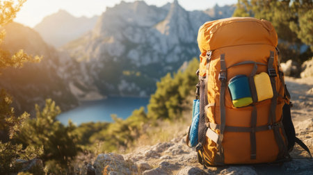 Suitcase opened outdoors on hiking trail with adventure gear packed insideの素材